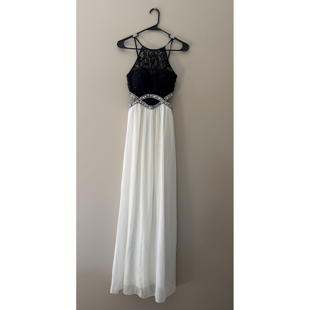 Speechless Women's Black White Lace Infinity-Waist Long Formal Gown Dress Size 5